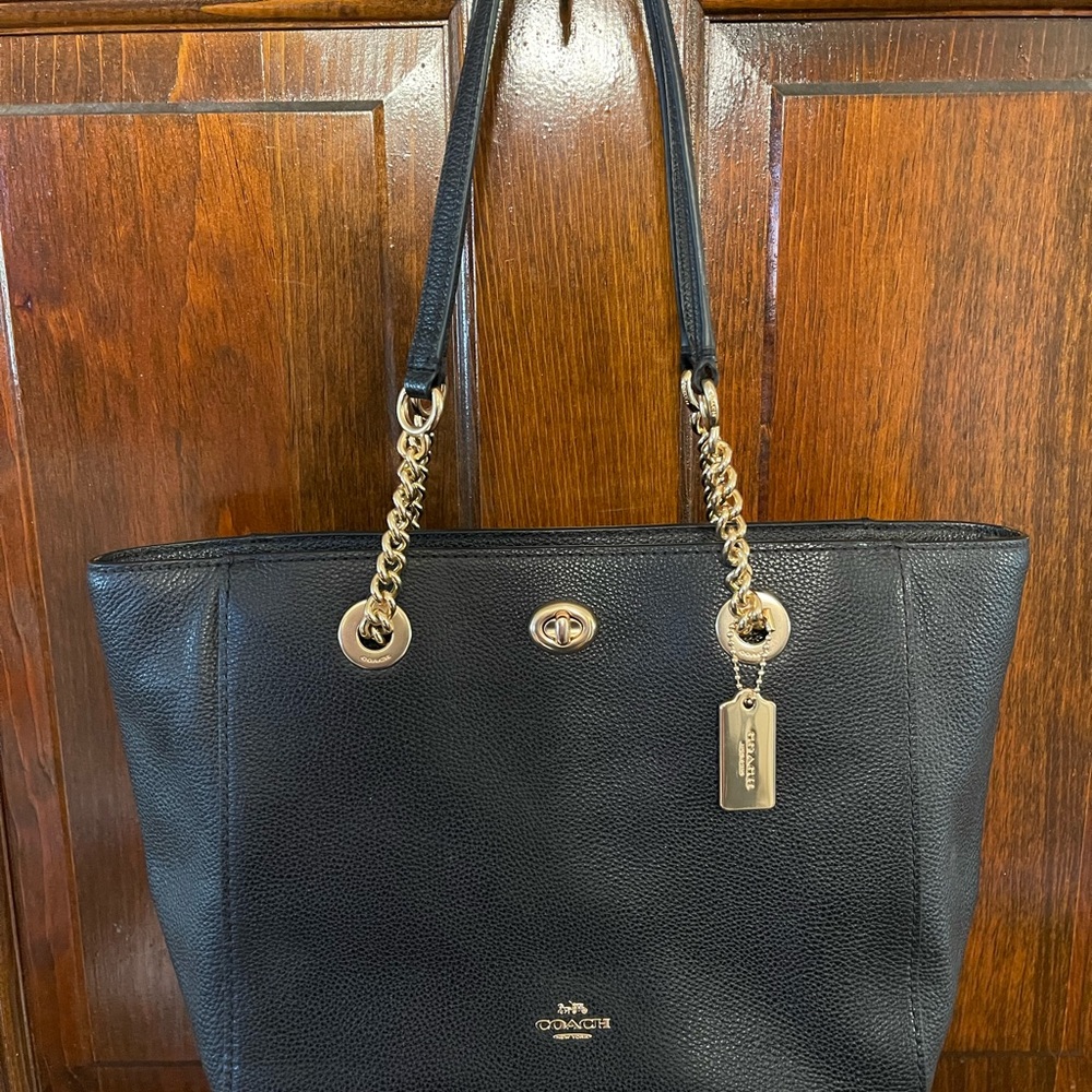 Coach Black Tote with Gold Chain Accents
